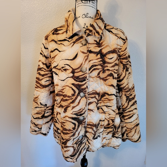 Chico's Jacket Women’s 3/XL Brown Tiger Prints Quilted Pockets Long Sleeve - Picture 7 of 10